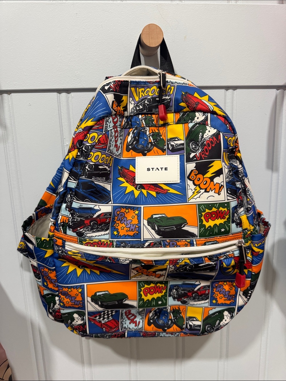 STATE Kane Comic Car Print Backpack in Blue, Orange, Yellow, Green